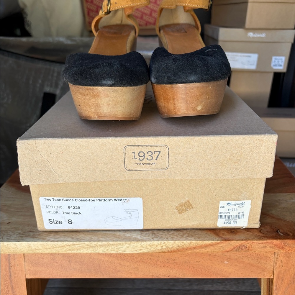 Madewell Black Suede Closed-Toe Wedges with Tan Wood Platform